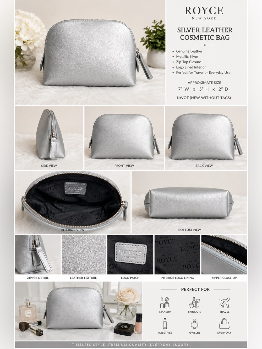 NWOT ROYCE New York Silver Leather Cosmetic Bag Makeup Travel Toiletry Zip Pouch